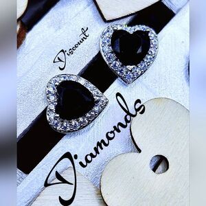 Heart Shaped Black Sapphire & White Baguette Diamond Earrings 925